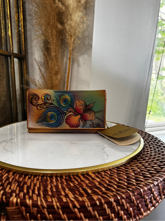 Anuschka Accessories - Anuschka Hand-Painted Peacock & Floral Card Holder - Teal, Blue, Green, Orange
